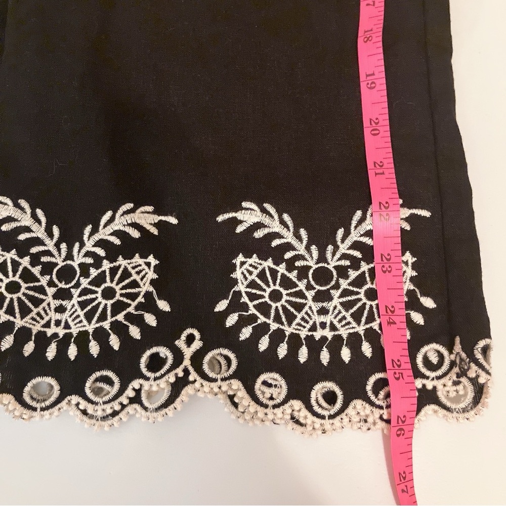 🎀 Maison D’Amelie Wide-Leg High-Rise Embroidered Hem Black Linen Ankle Pants - Picture 8 of 9